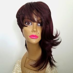 Dark Red Short Cut Asymmetric Bob Human Blend Wig